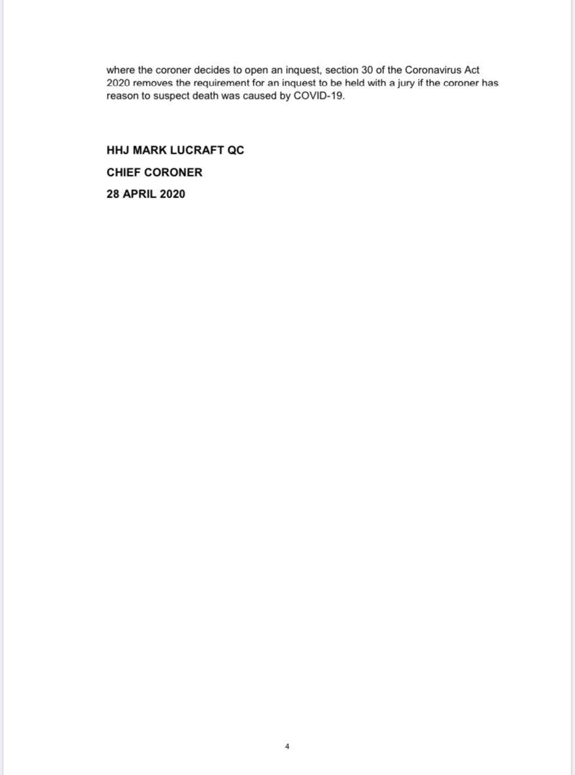 New guidance from Chief Coroner on Covid-19 related deaths highlights that most wont be referred to a coroner to investigate but deaths where failure to provide PPE is a potential factor should be investigated  https://www.judiciary.uk/wp-content/uploads/2020/03/Chief-Coroner-Guidance-No.-34-COVID-19_26_March_2020-.pdf /117