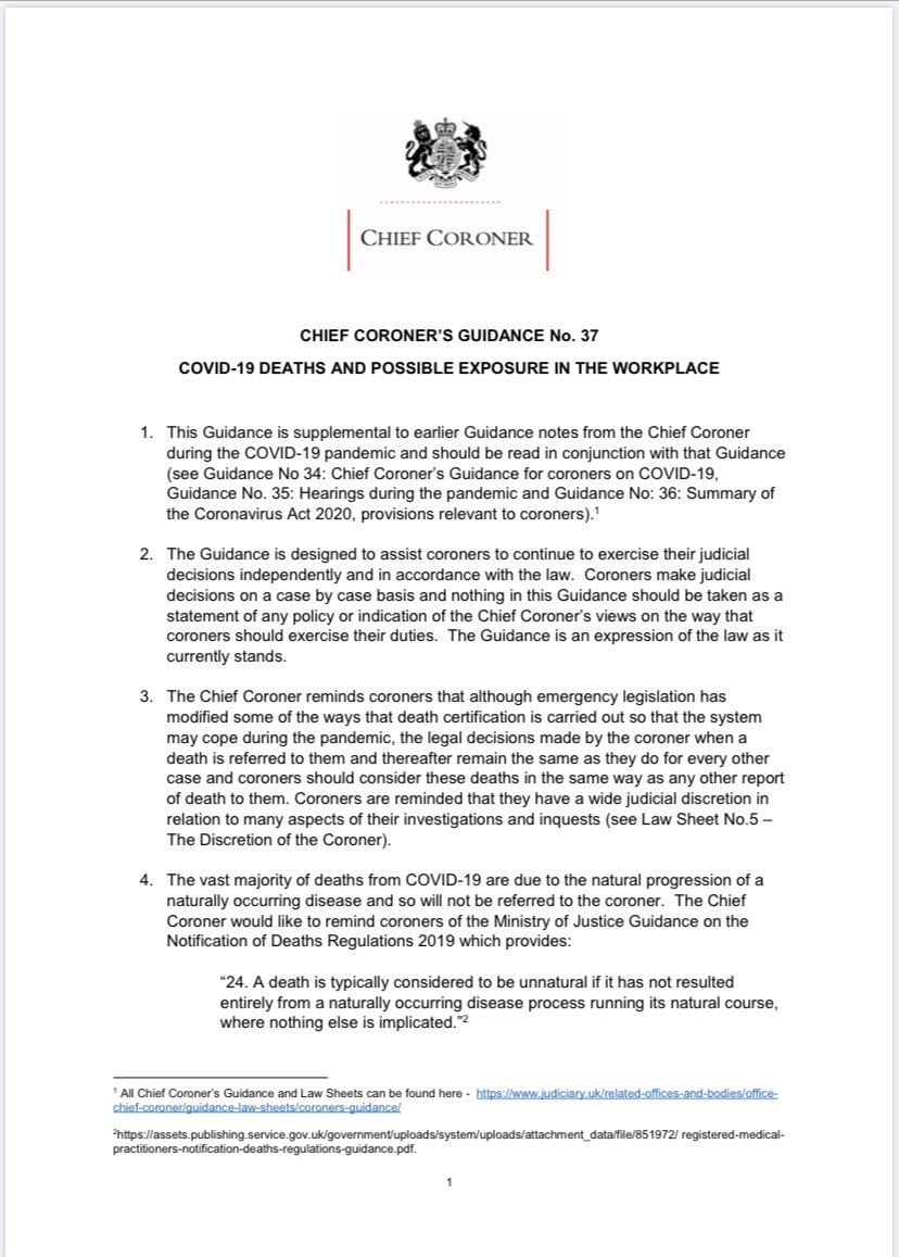 New guidance from Chief Coroner on Covid-19 related deaths highlights that most wont be referred to a coroner to investigate but deaths where failure to provide PPE is a potential factor should be investigated  https://www.judiciary.uk/wp-content/uploads/2020/03/Chief-Coroner-Guidance-No.-34-COVID-19_26_March_2020-.pdf /117