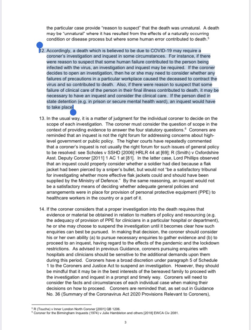 New guidance from Chief Coroner on Covid-19 related deaths highlights that most wont be referred to a coroner to investigate but deaths where failure to provide PPE is a potential factor should be investigated  https://www.judiciary.uk/wp-content/uploads/2020/03/Chief-Coroner-Guidance-No.-34-COVID-19_26_March_2020-.pdf /117