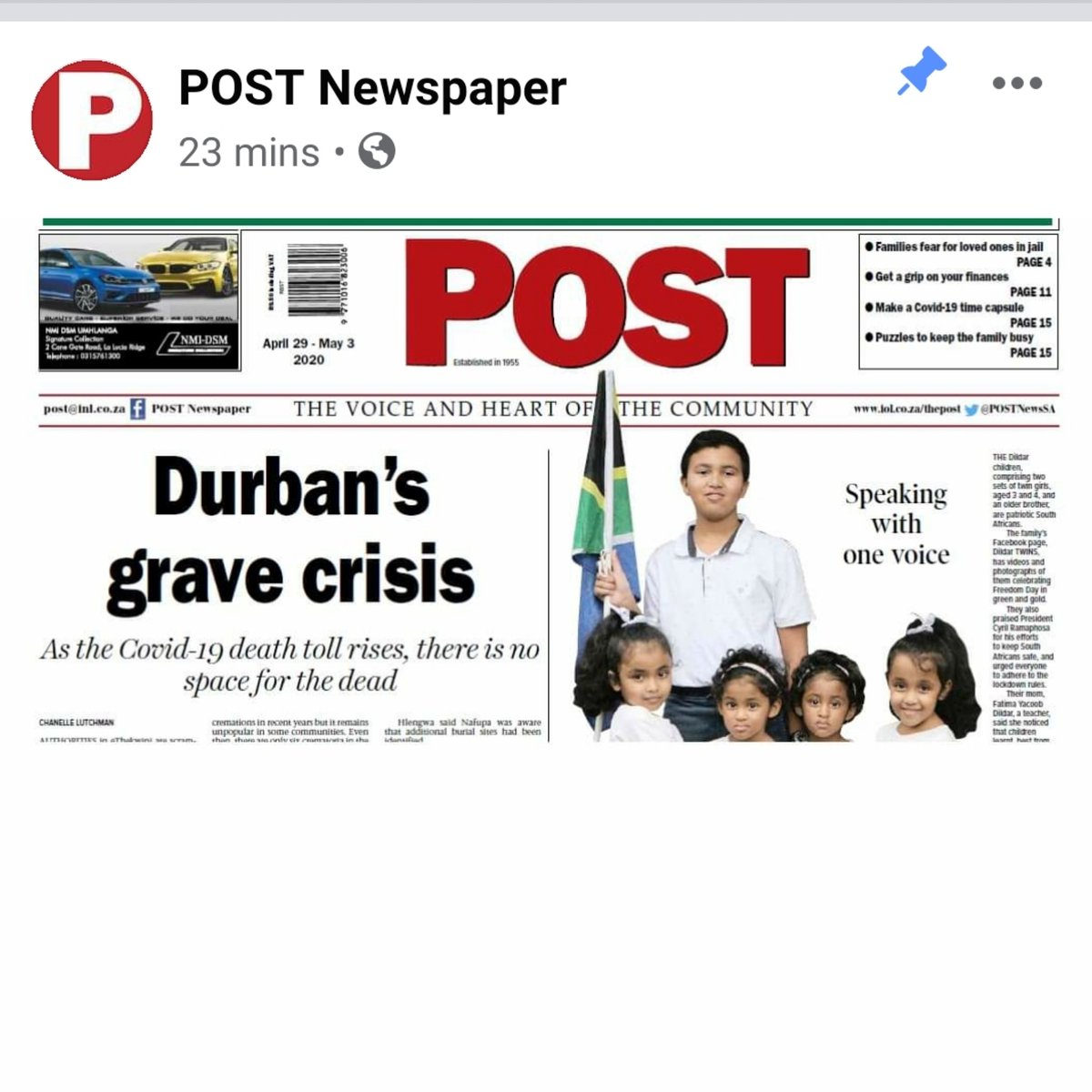 ~And, it's a hatrick! Radio, TV and now the Newspaper. The Dildar TWINS are on the front page of today's POST Newspaper. Follow their page to see their lockdown videos and make Mehran's dream of meeting HER President <a href="/CyrilRamaphosa/">Cyril Ramaphosa 🇿🇦</a> come true. <a href="/PresidencyZA/">The Presidency 🇿🇦</a> <a href="/GovernmentZA/">South African Government</a>