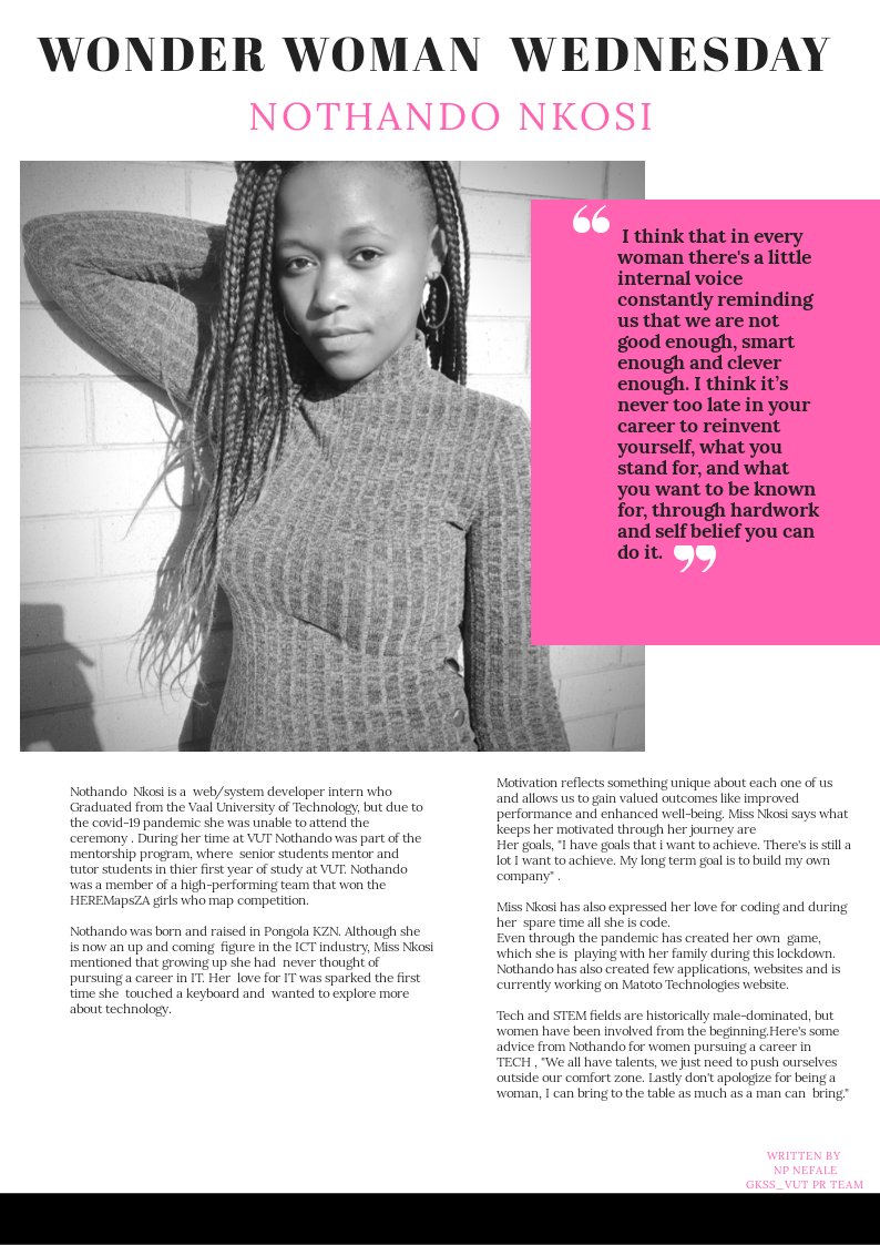GKSS_VUT's tweet photo. It's that time of that week again #WWomanW!!!💃💃💥💥💥💥
This wonder woman Wednesday we'd like to  introduce and share with you the story of a young lady by the name of Nothando Nkosi. 🌺🌺🌺
#GKSS20VUT #GKSS2020 https://t.co/w1R5en0ppf