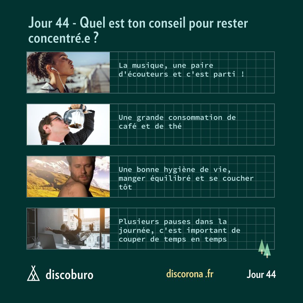 Pendant le #teletravail il est parfois difficile de rester productif toute une journée. 👩‍💻
Chacun a ses petites habitudes pour éviter d'être distrait.e.

👂On aimerait donc savoir quel est votre tips pour rester concentré.e ?
Répondez en commentaire ou sur discorona.fr