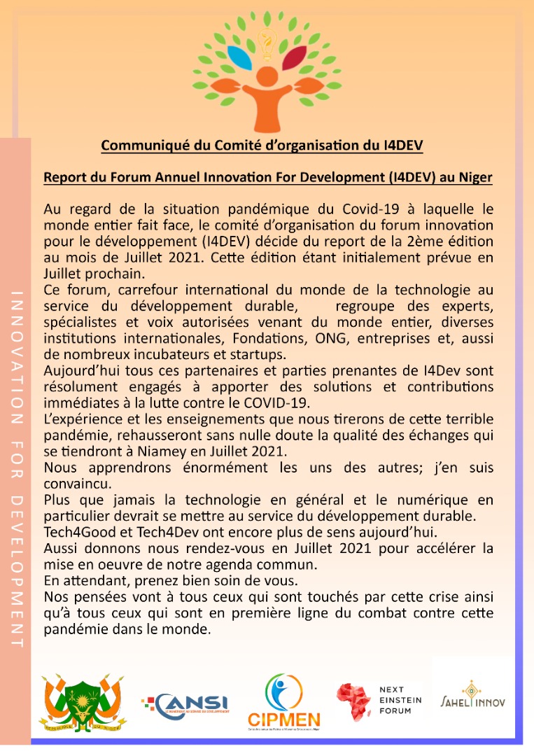 i4dev2020's tweet image. #Communiqué du Comité d&apos;organisation de I4Dev.

@AnsiNiger @Sahelinnov @NextEinsteinFor @Cipmen