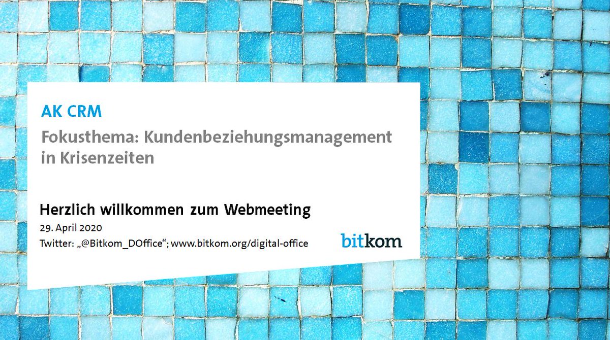 Wie sieht gutes #Kundenbeziehungsmanagement in Krisenzeiten aus? Diese Frage steht im Fokus des Webmeetings des Arbeitskreises #CRM im #Bitkom. Freuen uns auf Impulse durch u. a. <a href="/strike2_DE/">strike2 GmbH</a> und <a href="/KlattR/">Ralf Klatt</a> (Trovarit AG). #DigtalOffice