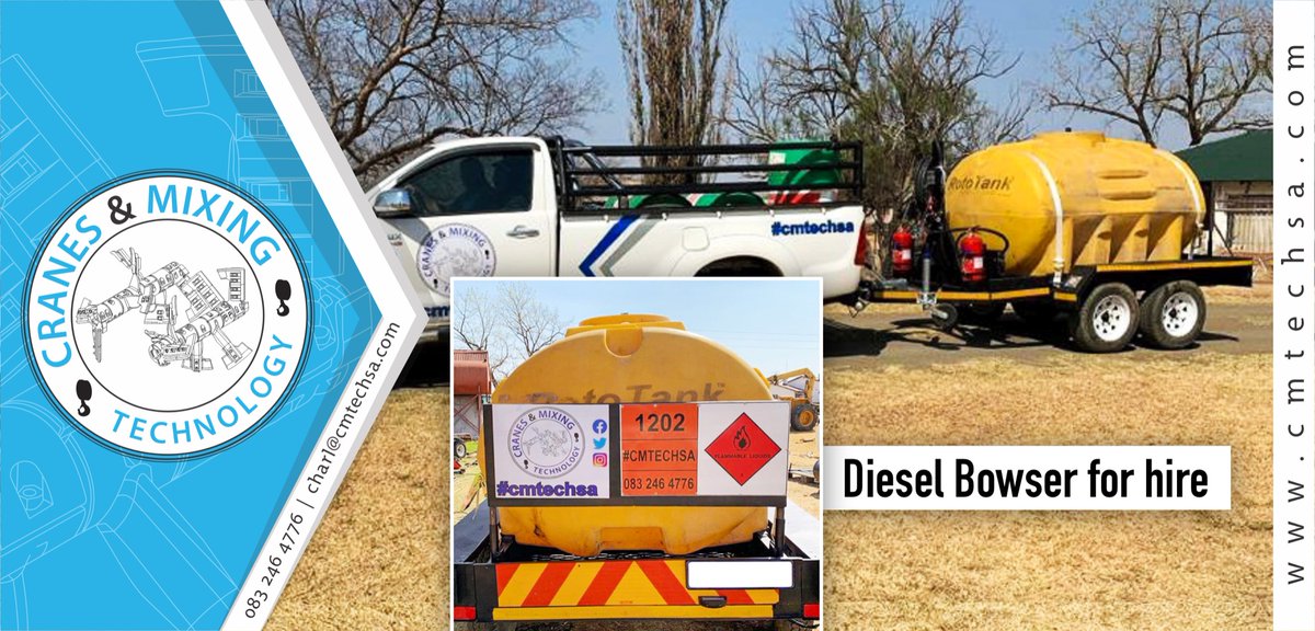 cmtechsa's tweet photo. Diesel Bowsers available for hire.
charl@cmtechsa.com | https://t.co/hOilqHNWAb
#CMTECHSA #ConcretePlants #MechanicalRepairs #BatchingPlants #TowerCranes #Cranes #breakdowns #MPI #DeiselBowser #TaigeisDigital https://t.co/96bIw4CpBP