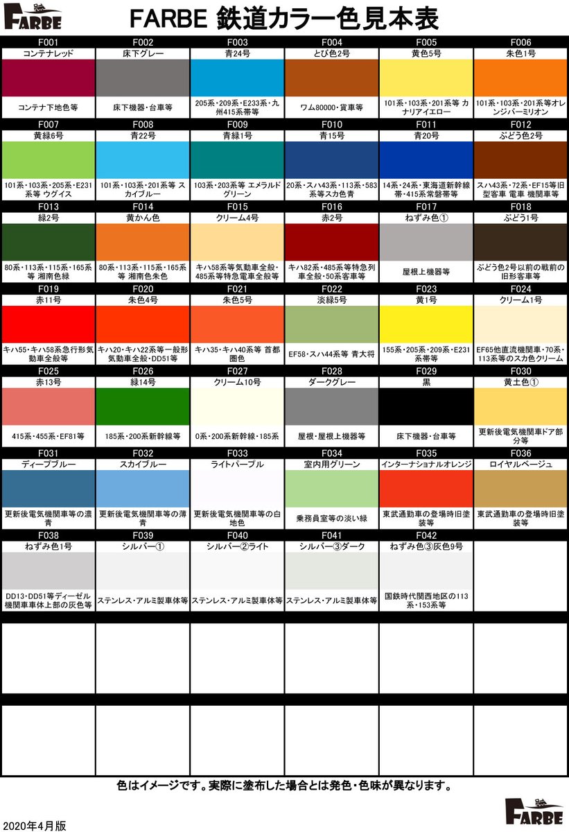 ホビーショップ タムタム 鉄道部 Farbe鉄道カラーの色見本表を作成してみました ご購入の際にご参考になれば幸いです