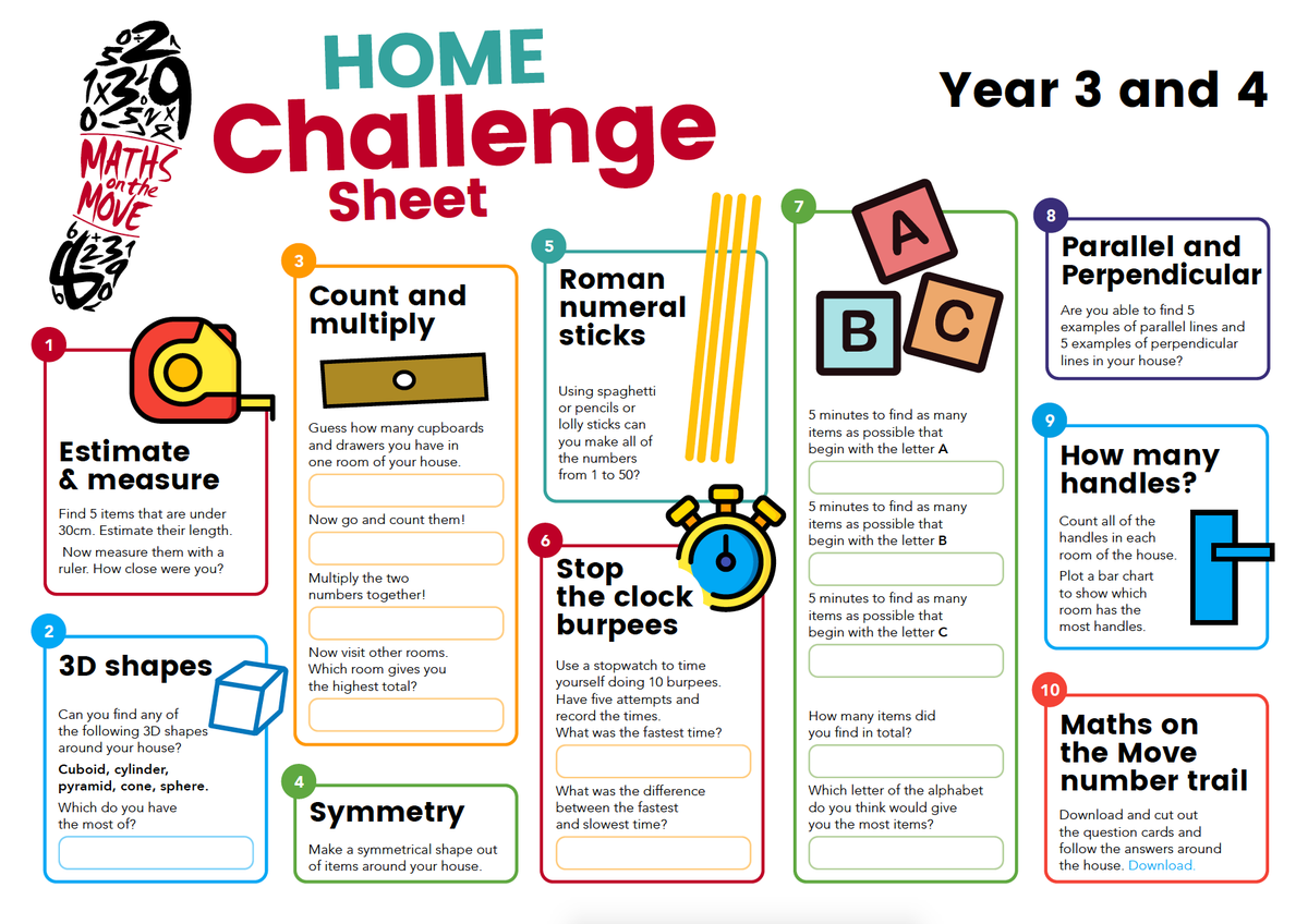 ActiveMe360's tweet photo. 📢 Calling all those with children in Years 1 - 6!
#ActiveMeAtHome is back with 'Maths on the Move'.
To help with maths at home, take a look at these challenge sheets ➗ ✖️ 
➡️ https://t.co/2cpIPV0Non
Packed with maths activities using only household items 🏡 🚪 🧦 🍝 👣 🕰️ https://t.co/BjgBNmbxHD