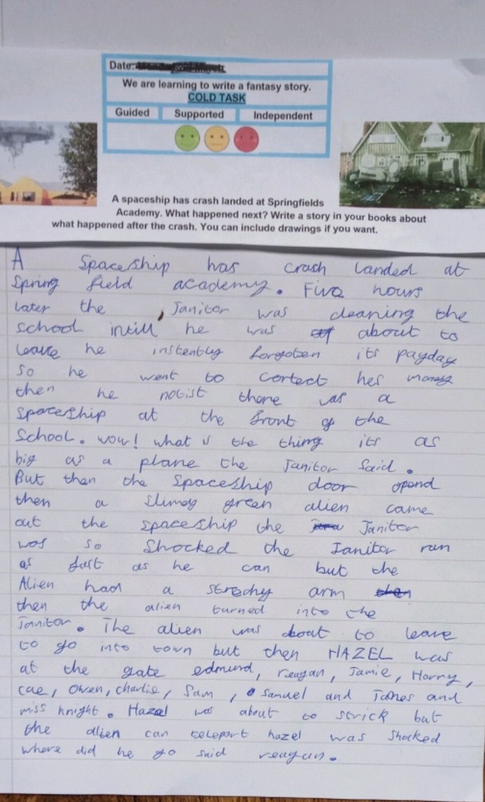 SpringfieldsAcd's tweet photo. James in Hazel today wrote a fantastic story for his Cold write. He even drew a picture to go with it. Mrs Knight is very proud of the work he has produced. Well Done James! #HomeLearningUK #ColdWrite #Covid19UK https://t.co/dZjLVPkOr4