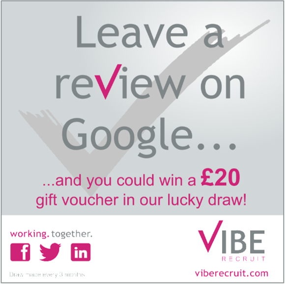 Competition Time!

Leave a Google review for Vibe Recruit and be in with the chances of winning £20!

We'll be putting everyone's name into a draw and the winner will be announced in June! Don't miss out, give us a great review today!

#GoogleReview #Competition #PrizeDraw