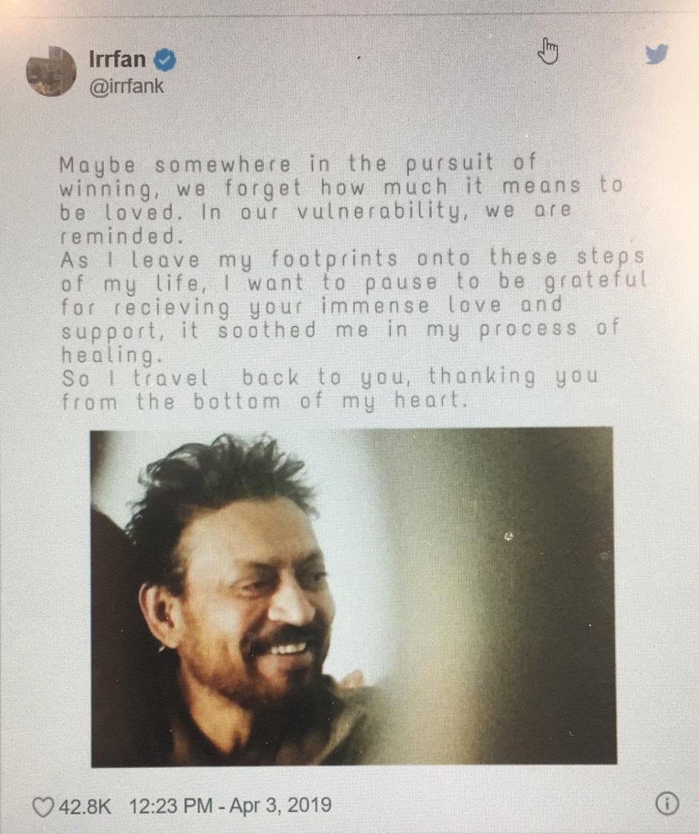 Aparnabhandari1's tweet photo. One of the finest, probably the best, actor the Hindi film industry has seen in recent years. It's heartbreaking news. #RIPIrrfanKhan https://t.co/25UwaHzoXM