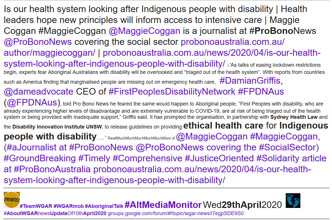 WgarNews's tweet photo. @3wombats @lynlinking @BakchosGlass @WhteRbbnAdvocat @RachelQuayle08 @RobRobbEdwards @anne_clothier @twtrrr @JonesHowdareyou @CartwheelPrint @CapesJoy @dameadvocate @FPDNAus @MaggieCoggan @ProBonoNews #HealthLeadersHopeNewPrinciplesWillInformAccessToIntensiveCare | Is #OurHealthSystem LookingAfter #AboriginalPeopleWithDisabilities | #AboriginalDisabilityRights #Crucial When #AboriginalPpls #LivingwithDisability FacedWith #Trauma of #RacialAbleism | #PBN https://t.co/8AADRVcCiJ https://t.co/vCC3hDDbRg