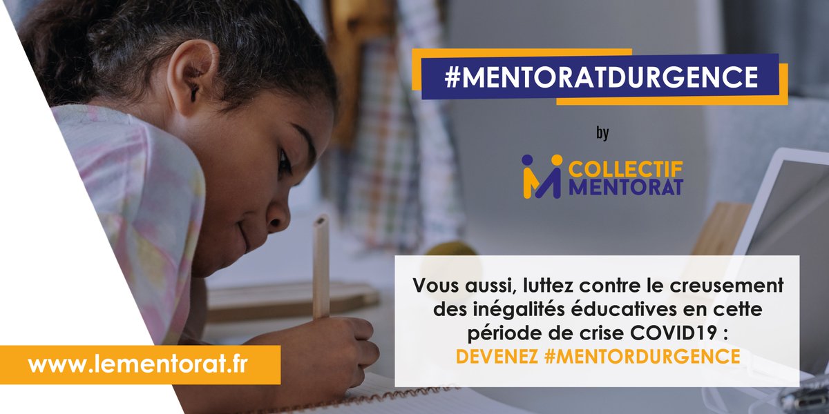12,5 millions d'élèves ne peuvent plus aller à l'école depuis mars. Toutes et tous ne sont pas égaux face à la continuité éducative. Et toi, étudiant.e.s, volontaires en Service Civique, actifs ou encore retraité.e.s, tu peux aider : lementorat.fr 🤝 #MentoratdUrgence