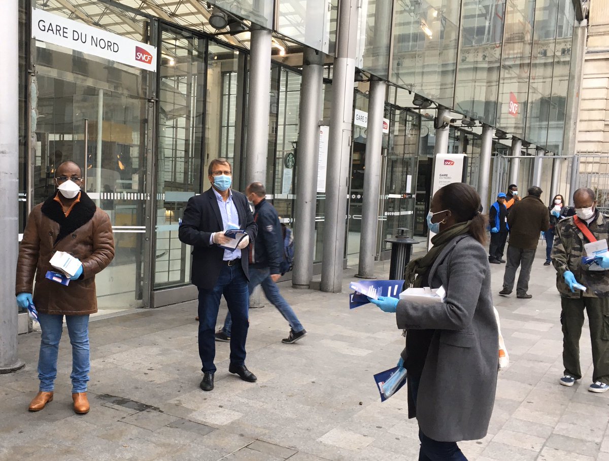 fdemas's tweet photo. Distribution, ce matin, à la Gare du Nord, avec @karampatrick @MaxyAnsel et @jackyvesbohbot, de masques @iledefrance pour les usagers des transports franciliens. La Région solidaire de @vpecresse c’est une région qui prend soin de ses habitants ! #transportsIDF #COVID19 https://t.co/9ixSgw6ZPD