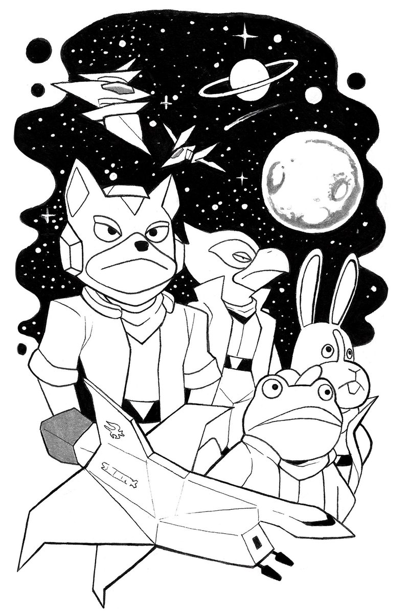 gojigochi's tweet photo. "To boldly go where no animal has gone before!"ย You never lose places to "explore" when you're in space all the time. #inkpril #nintendo #starfox #starfox64 #fox #foxmccloud #falco #falcolombardi #slippy #slippytoad #peppy #peppyhare #arwing #greatfox #explore https://t.co/6uPz30rN2T