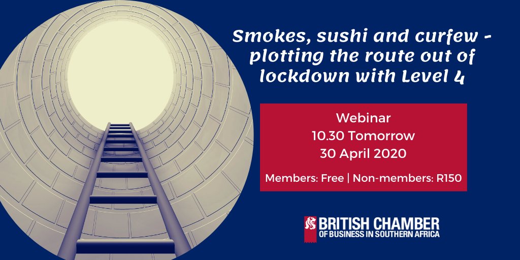 BritchamSAfrica's tweet photo. On Friday we expect to go from lockdown Level 5 to Level 4. What does that mean? Tomorrow we assess what we know with @TradeLawChamber CEO, Rian Geldenhuys, British High Commission's @NickLatta and Chamber President @LeonPaulAyo 
https://t.co/81kSQgxYCI https://t.co/UQSk8YVFew