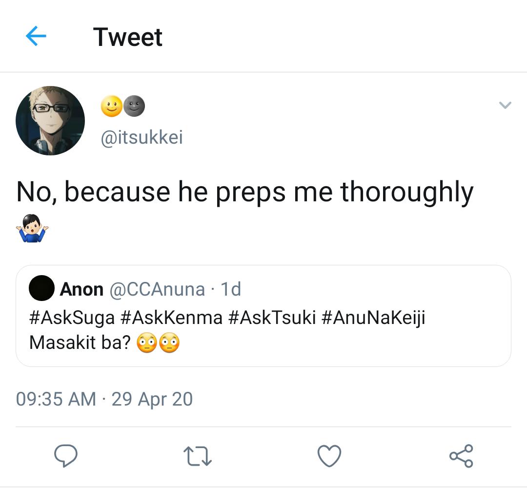 imanidhstwt's tweet photo. #AskSuga #AskKenma #AskTsuki #AnuNaKeiji
Masakit ba? ๐ณ๐ณ โ Tangina ng mga r18 asks dito ๐๐๐ https://t.co/BneObVPBIy https://t.co/faBmhga2r7