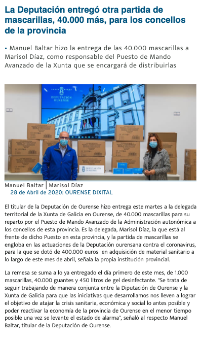 La @DeputacionOU entregó otra partida de mascarillas, 40.000 más, para los concellos de la provincia

• @ManuelBaltar hizo la entrega de las 40.000 mascarillas a @DiazMouteira1 como responsable del Puesto de Mando Avanzado de la @Xunta que se encargará de distribuirlas