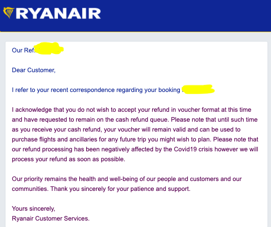 Cazmay082's tweet photo. Finally, after 9 days of live chat holding, tweeting, DM, phoning, @Ryanair confirmed I am back in the cash refund queue. When that will end, who knows, it's a start at least. @MartinSLewis #RefundPassengers #NoVouchers https://t.co/yQSBemtYPn