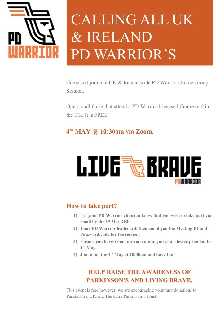 HobbsRehab's tweet photo. It’s fantastic that we &amp; our patients can be part of the mass @pd_warrior workout on Monday to help raise the awareness of #PD &amp; the importance of exercise in managing this condition. 

The sessions are free &amp; voluntary donations are going to @ParkinsonsUK &amp; @CureParkinsonsT. https://t.co/i8TI8q273E