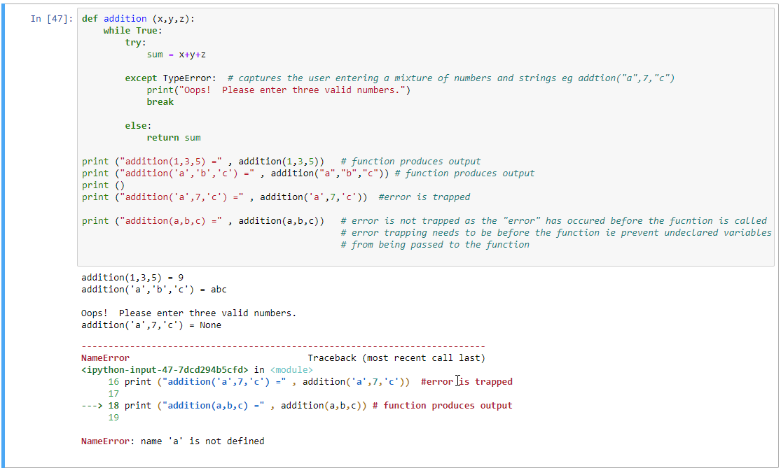 PythonWales's tweet image. Solution to yesterdays problem - make a function to sum three numbers.  When you add in error handling, this is surprisingly complex.

How did you get on?

#PythonWales #pythondaily