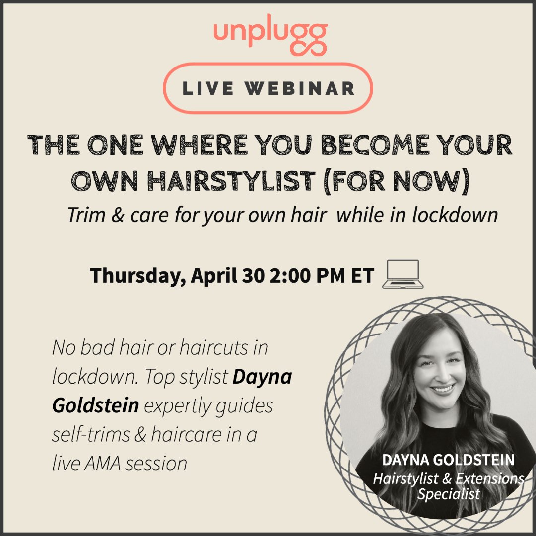 timetounplugg's tweet photo. Don't miss our LIVECAST this Thursday, April 30 with Master Stylist Dayna Goldstein of the Roman K Salon NYC. ✂️ 💇

Register NOW: https://t.co/ofUbdWxg6X

#selfcareunpluggd #howiunplugg #diyhaircut #hairprofessional #stayathomehaircut #quarantinehaircut #selfcare #nycsalon https://t.co/GDPvJiKpnh