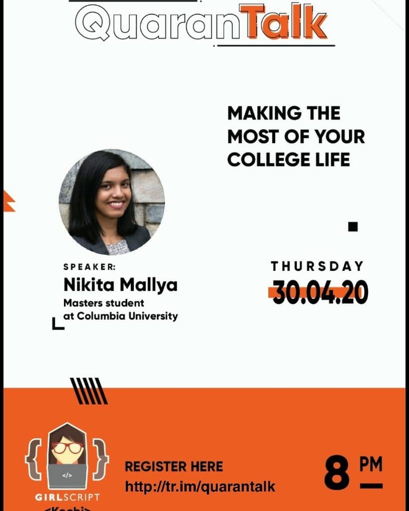 girlscriptkochi's tweet photo. Our next speaker is an X-MECian, who's now a student at the prestigious University of Columbia and is going to intern with Tesla. 
Fill the form to listen to her talk on 30th:

https://t.co/MO5tSYoSr7
https://t.co/iVMAFtTvF5 https://t.co/mrUzQnYK4Q