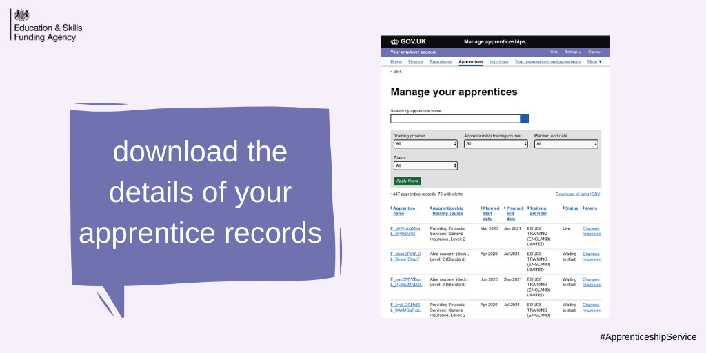 ESFADigitalServices (@esfadigital) on Twitter photo Employers: you can download the details of your apprentice records from the Manage your Apprentices section of your #ApprenticeshipService account Employers: you can download the details of your apprentice records from the Manage your Apprentices section of your #ApprenticeshipService account