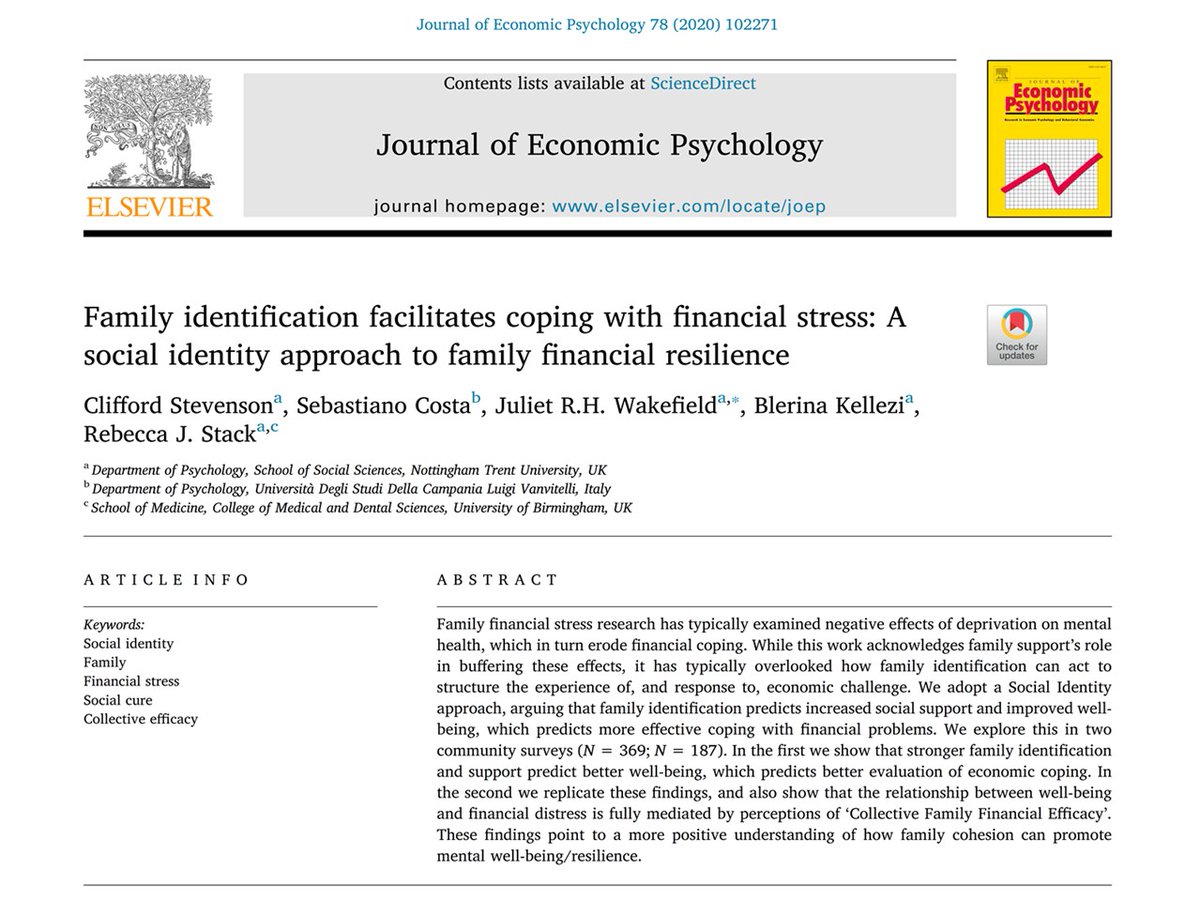 scosta17's tweet photo. ❗️📄❗️Online the paper "Family identification facilitates coping w/ financial stress: A social identity approach to family financial resilience" with the "Groups, Identities and Health" research group at @PsychologyNTU. https://t.co/bScgF1tHXy #family #psychology❗️📈📉❗️ https://t.co/0xy5jvhO2B
