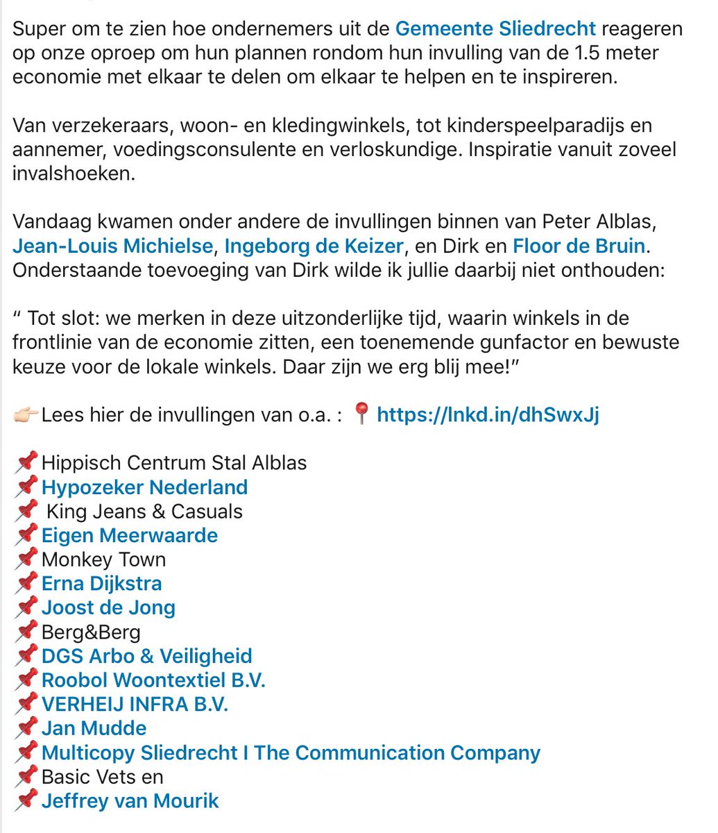 smit_esther's tweet photo. Super hoe ondernemers uit @Sliedrechtgem reageren op #oproep om plannen rondom #invulling 1.5 meter economie met elkaar te delen #inspiratie
Van verzekeraars, woon-, kledingwinkels, kinderspeelparadijs, aannemer, voedingsconsulente tot verloskundige.
👉🏻https://t.co/mvecNWyKTC https://t.co/jKgBL72zFA