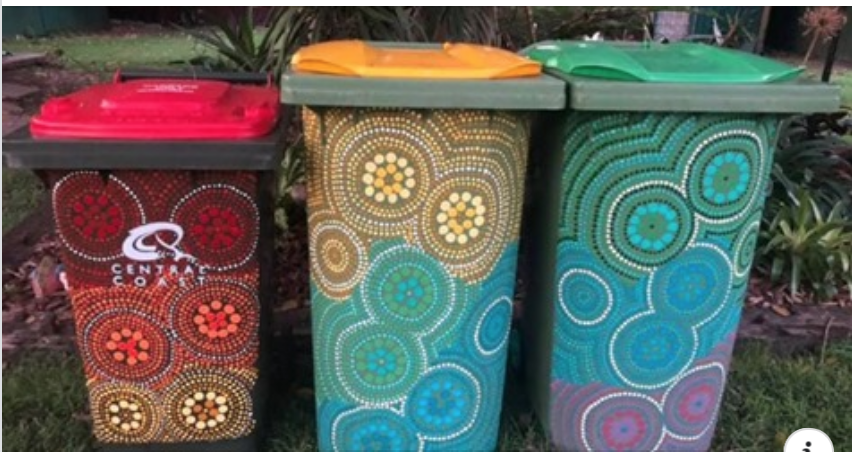 AmandaSteff2's tweet photo. How wonderful! A Central Coast lady has used Aboriginal inspired techniques to paint and pretty up her bins. Exploring Aboriginal art is one way we can explore Aboriginal culture and perspectives with our students! Maybe even a school mural? #UoNTeach https://t.co/c9MFEtNJBA https://t.co/JHlQTYo3tt