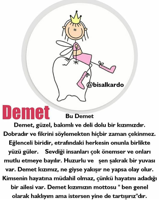Bu #demet Demet, güzel bakımlı delidolu bir kızımızdır.
Demet kızımızın mottosu "ben genel olarak haklıyım ama istersen yinede tartışırız" 
Böyle bir demet etiketliyoruz.

#Demet 
#EvdeKal
#carsamba