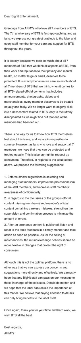 WeNeedBTS0613's tweet photo. . @BigHitEnt  @bts_bighit 

Dear Bighit Entertainment,

Greetings from ARMYs who love all 7 members of BTS. Here are some of our concerns and suggestions regarding to the lately issues. We hope this can bring your attentions. Thank you. https://t.co/s600rldMrn