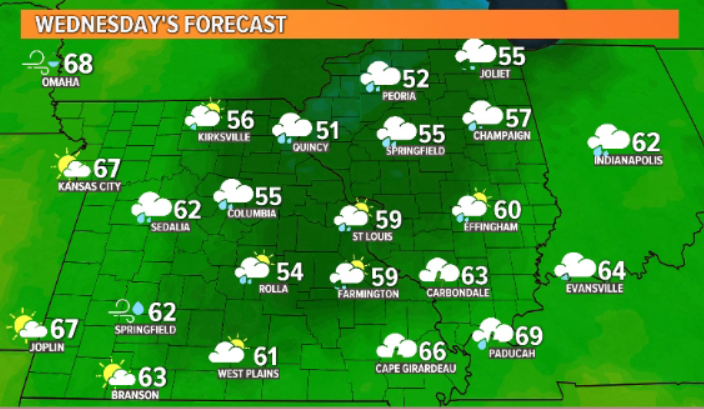 WthrmnSlaughter's tweet photo. ST. LOUIS: Wednesday is cool, cloudy & breezy with on & off rain showers. Highs today only in the 50s...#TISL #STLwx #STLrain #STLstorm #MOwx #ILwx #rain https://t.co/lV2erQX2hr