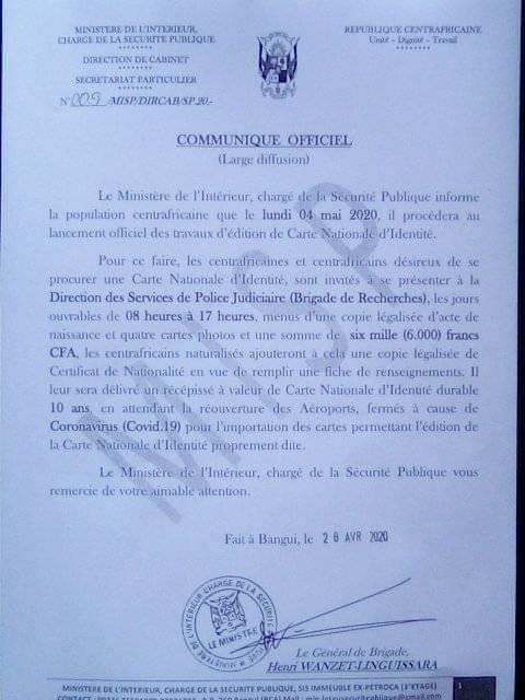🛑 FLASH INFOZEM 
🛑CNI D'ICI LE 04 MAI 2020

Enfin, la carte nationale d'identité centrafricaine d'ici le 04 mai sera disponible.
Il était temps, bravo aux autorités!
Mais je dis oh, est-ce qu'on va faire pour Darassa et Sidiki aussi?🏃🏽‍♂️🏃🏼‍♂️🏃‍♂️🏃🏽‍♂️🏃🏼‍♂️🏃‍♂️🏃🏽‍♂️🏃‍♂️
#Prézi🇨🇫