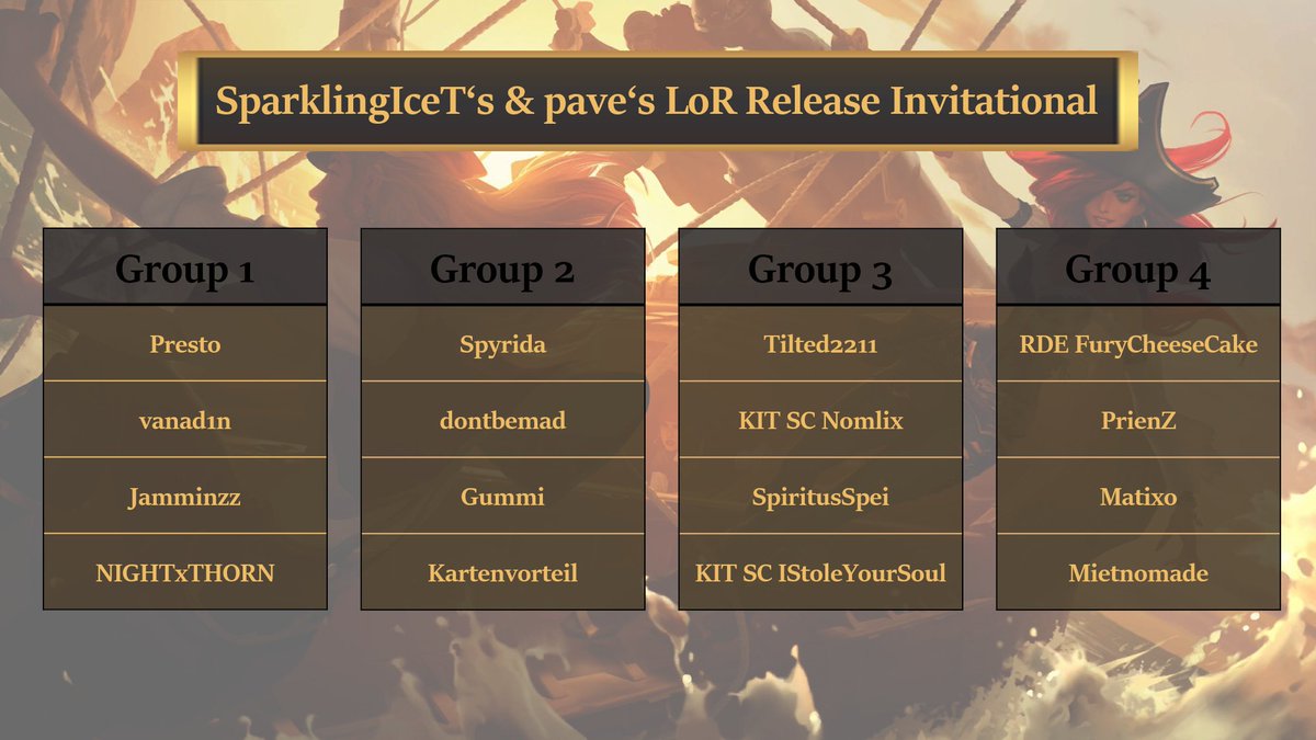See the results from yesterdays group draw for 
<a href="/SparklingIceT/">SparklingIceTea</a>'s &amp; mine <a href="/PlayRuneterra/">Legends of Runeterra</a> Release Invitational
Find here short player presentations &amp; the group draw in english: twitch.tv/videos/6051560…
I will start presenting players here starting with Group A today 15 CEST
#SPLoRInv