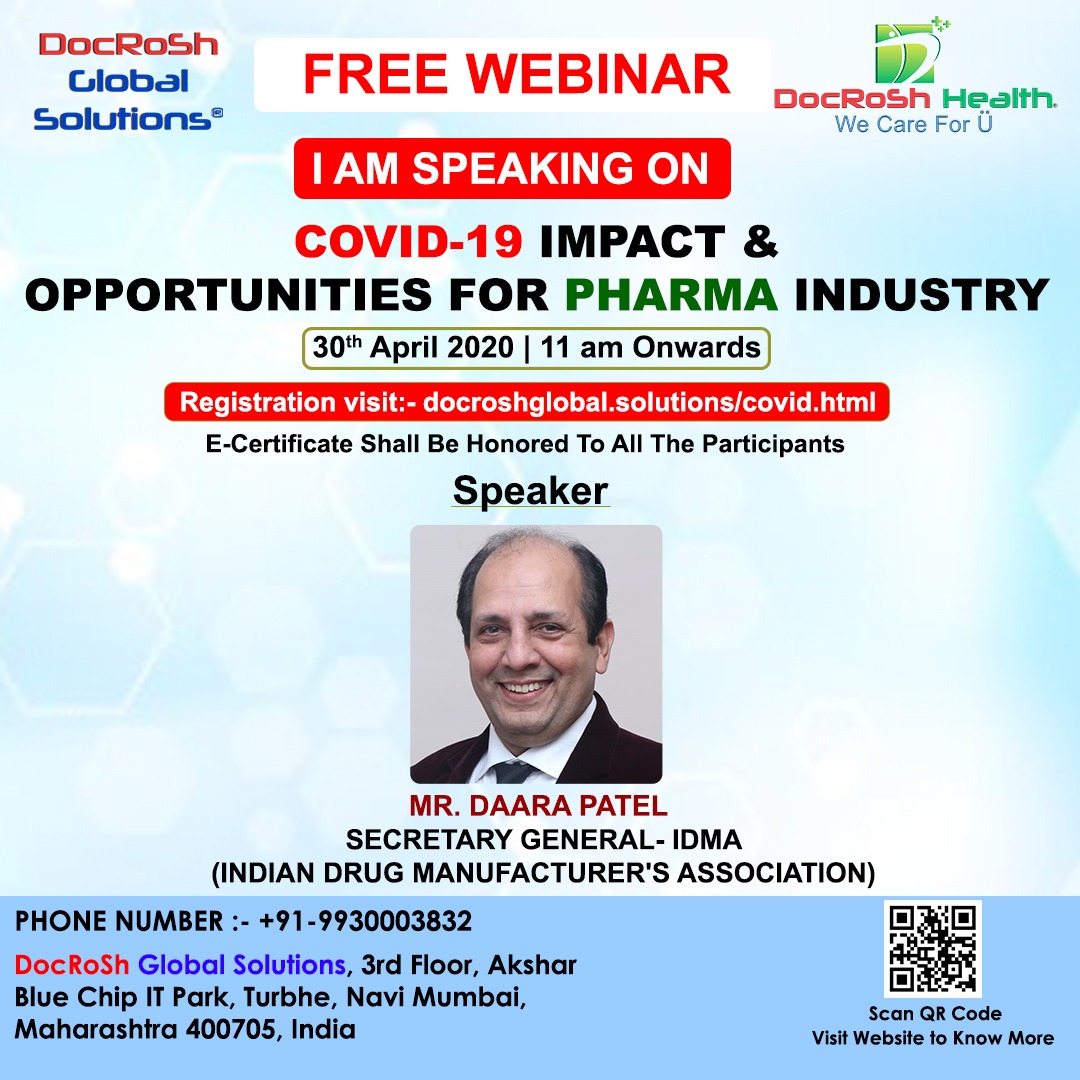 DocRoShGlobal's tweet photo. DocRosh welcome to Mr. Daara Patel, to the live webinar on COVID-19 IMPACT &amp; OPPORTUNITIES FOR PHARMA INDUSTRY” slated on 30th April 2020 sharp 11am. Be a part to bring you a great piece of knowledge and guidance for business continuity, followed by Q&amp;A in the time of Pandemic. https://t.co/ZkHu7AUcao