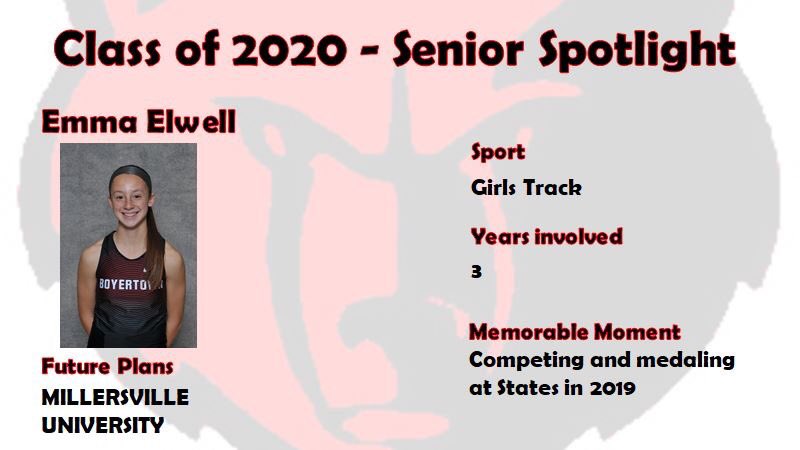 Our First Senior Spotlight is Emma Elwell. She is the daughter of Mindy and Michael Elwell. She competes in the 100, 200, 4x100 and 4x400, and medaled in the 200 at States in 2019. Emma advises her teammates to cherish every moment, you never know when it will be your last race.