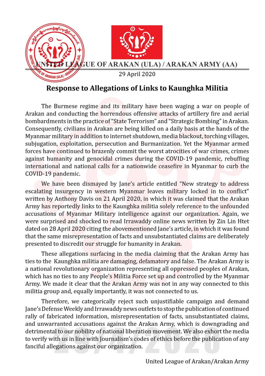 Arakanarmy1Army's tweet photo. Response to Allegations of Links to Kaunghka Militia
29.4.2020
The Burmese regime and its military have been waging a war on people of Arakan and conducting the horrendous offensive attacks https://t.co/g99iYu07ae https://t.co/QOz8DXQxAg