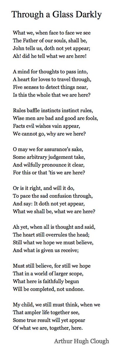 133 Through a Glass Darkly by Arthur Hugh Clough #PandemicPoems  https://soundcloud.com/user-115260978/133-through-a-glass-darkly-by-arthur-hugh-clough