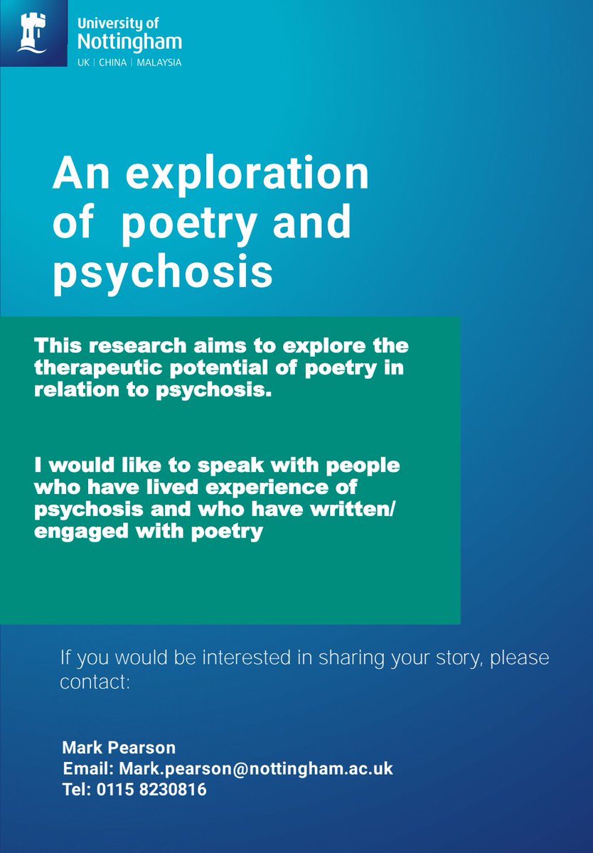 markpearson42's tweet photo. As my research on poetry and psychosis continues to develop - I'm really interested to speak with any poets who might be interested in taking part in a phone/skype interview.

Please get in touch if you would like to know more, https://t.co/X1FDWMtiZK