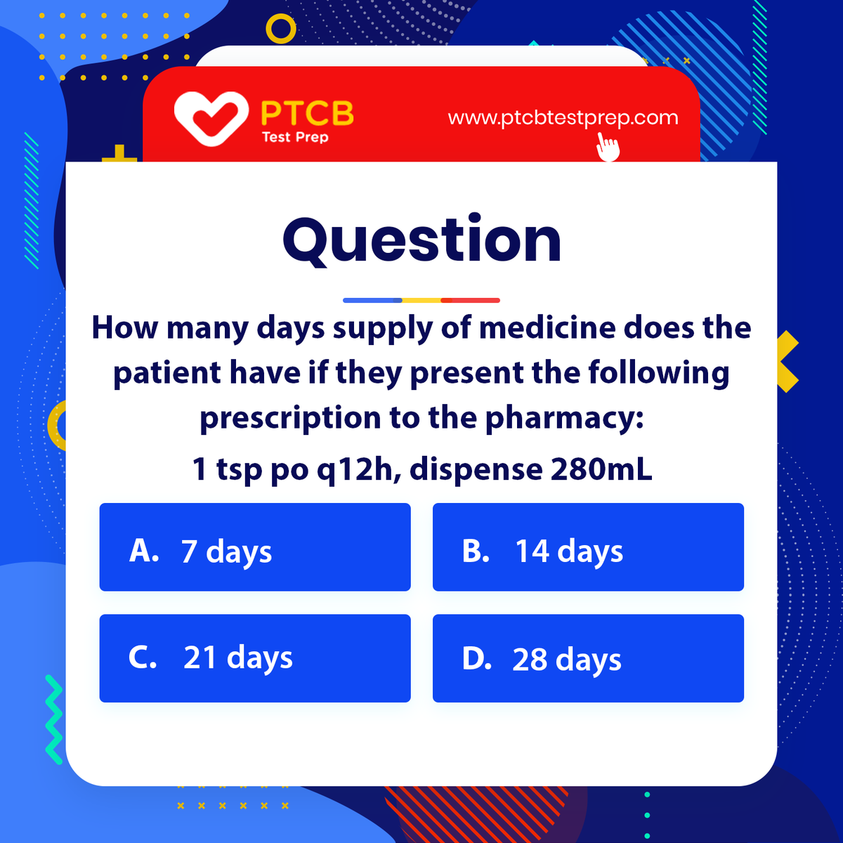 ptcbtestprep's tweet photo. Comment below if you know the answer.

#ptcb #ptce #pharmacy #pharmacytech #pharmacytechnician #pharmacist #medicine #cpht #pharmacycalculations #pharmacymath https://t.co/Q02jXyKKsJ