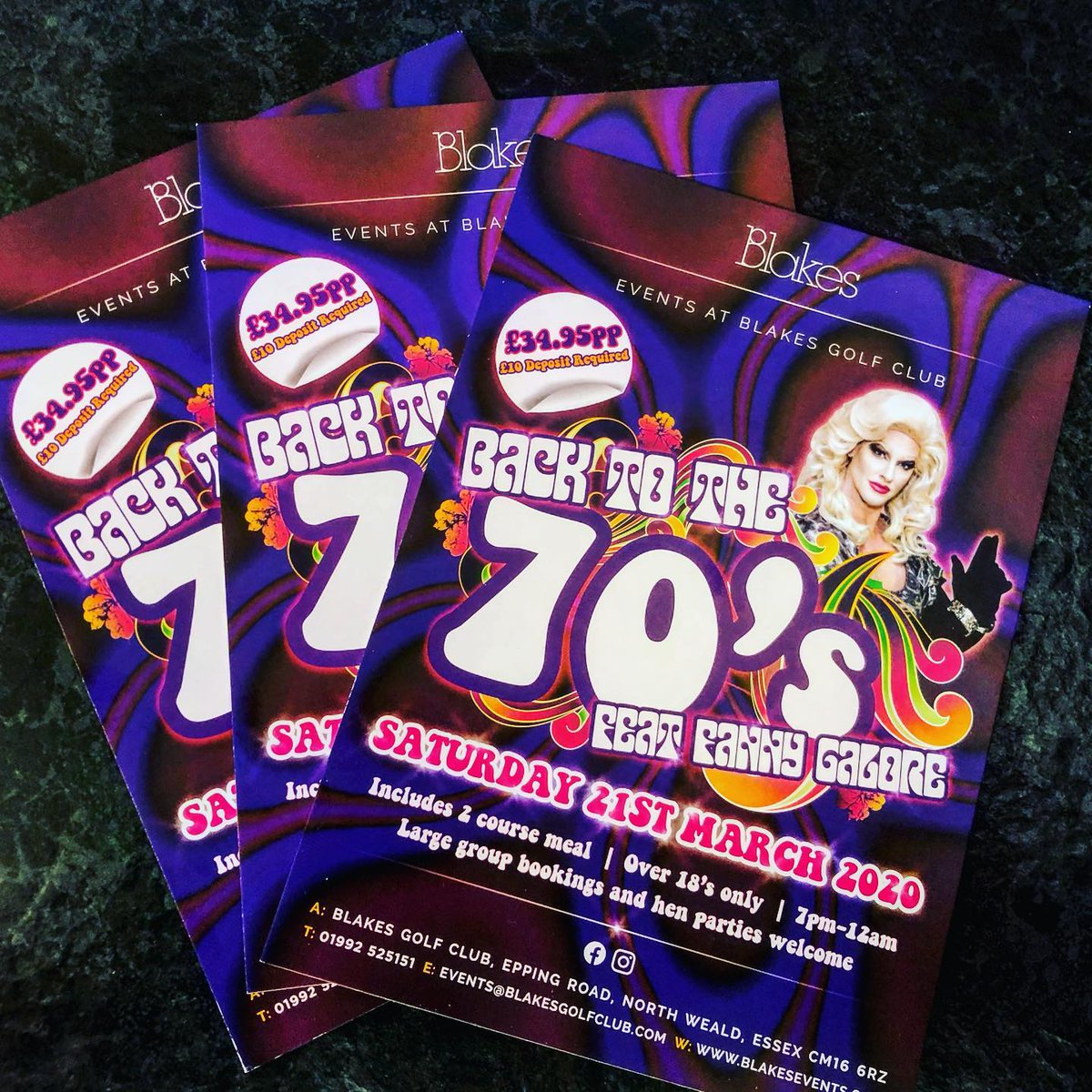 PDTDesign's tweet photo. A6 leaflets we designed and printed for our client Blakes Golf Club for a 70’s themed Fanny Galore night that was due to take place in March that sadly couldn’t go ahead. However, it will be rescheduled to take place later on in the year #pdtdesign #nettl #nettlofharlow https://t.co/q5DZgMhNkN