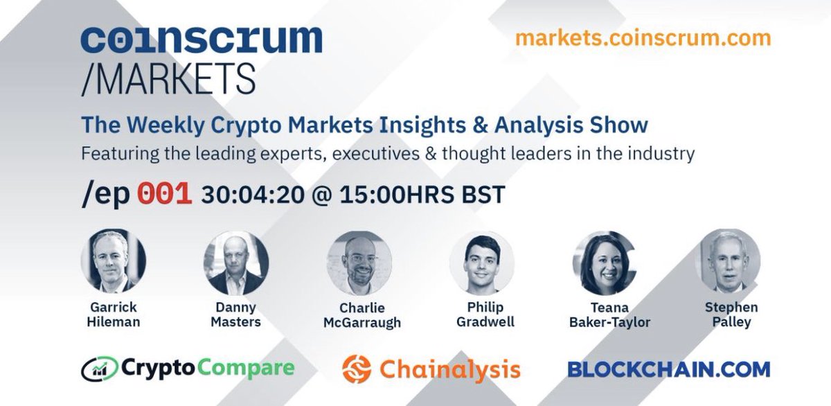 TeanaTaylor's tweet photo. Great pleasure to be joined by @stephendpalley on #Coinscrum/Markets: The Weekly #Crypto #Markets #Insights &amp; #Analysis Webcast

Premiers tmrw: 30 Apr @ 15:00 BST

Go to https://t.co/B3Lu2T9wTH to register to watch Ep.01, featuring @dannylmasters @blockchain @philip_gradwell https://t.co/4uQKLW8BFC