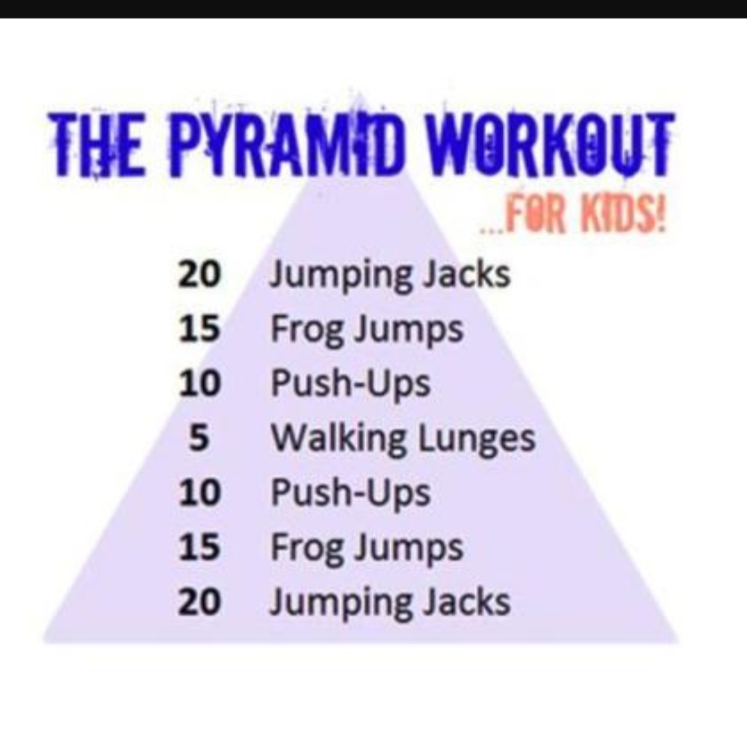 Beautiful day to be outside. Start your workout with a walk up and back on your street as a warm-up. Round 1- do the Pyramid Workout, walk or jog up and back on your street, and finish with a drink of water. Try to do 3 or 4 rounds. Have fun! <a href="/coachlux1/">Ashley Lux</a> @TimberviewMS