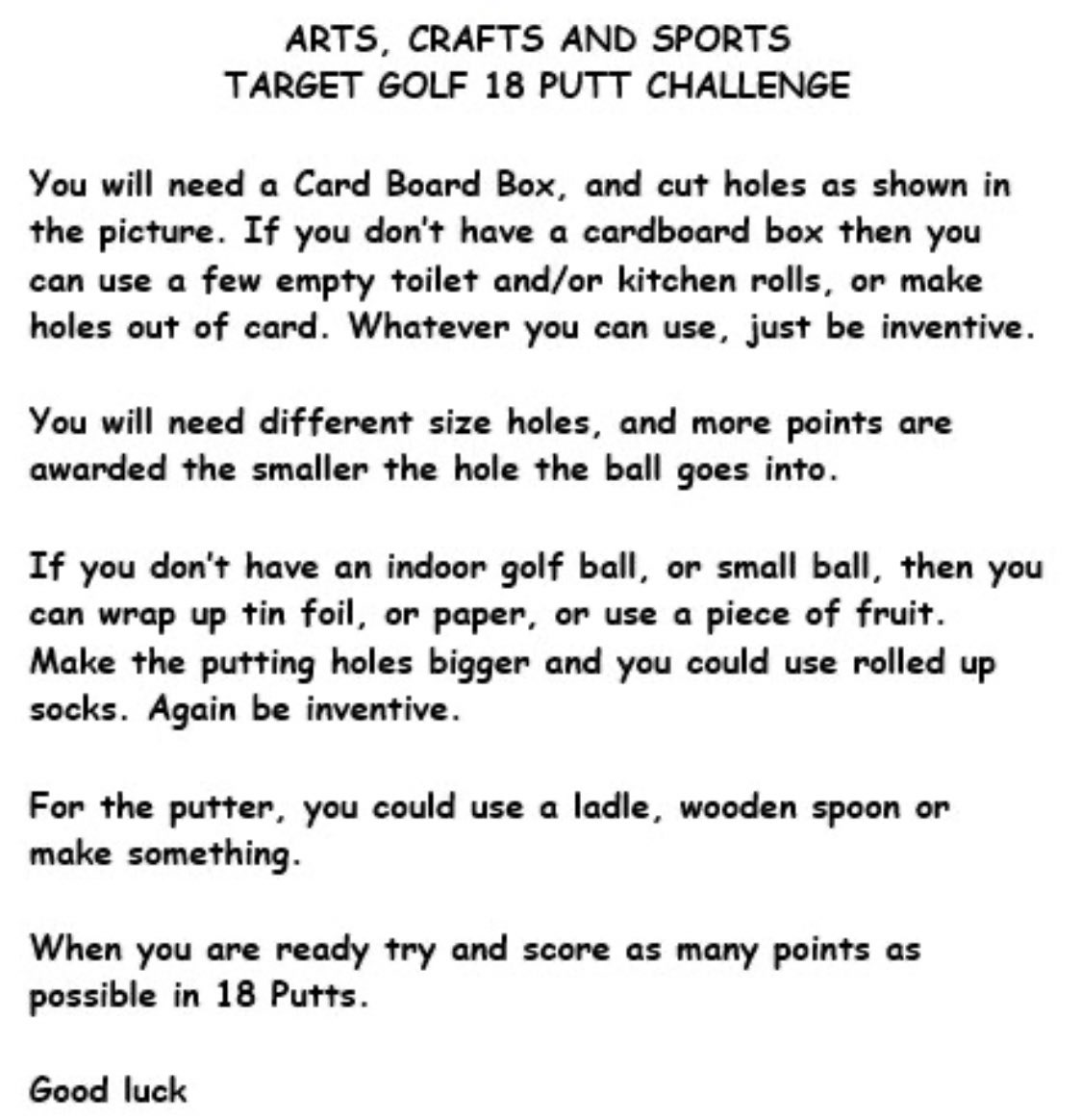 crofton_pe's tweet photo. Enjoy golf? Enjoy competitive sports? Have a look at the new challenge from @YourSchoolGames 🏌🏽 For this one you will need to get creative and make your own holes (out of cardboard boxes/kitchen roll etc) but it’ll be great fun for all the family! #GetCreative #CroftonGetsActive https://t.co/47JIPAbT0B