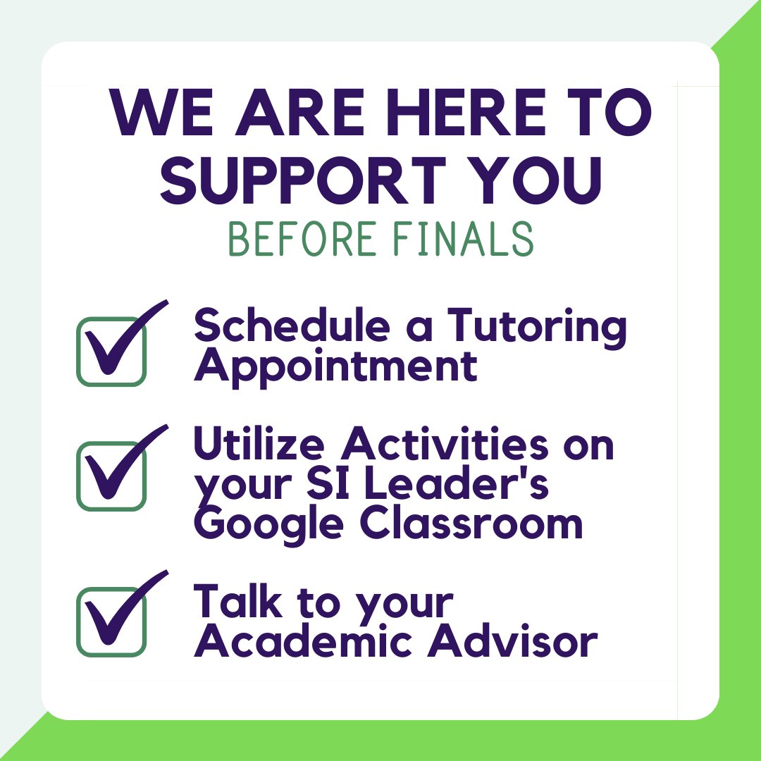 With finals approaching next week, the Student Success Center is here to support you! We still have tutoring appointments and SI Leader Assistance available through this Friday, 5/1. 
For more information, please visit our website: nwmissouri.edu/studentsuccess/