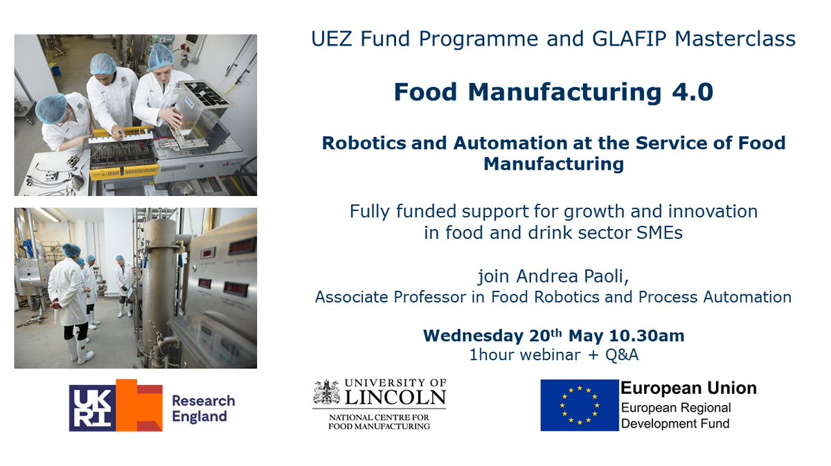 UoLNCFM's tweet photo. Join @apaoli on Wednesday 20th May for a Food Manufacturing 4.0 Masterclass: #Robotics and #Automation at the Service of #FoodManufacturing.
Open to Food and Drink Sector #SMEs in England.
Register your FREE place here: https://t.co/km1leTEGai
@ResEngland #ERDF #GLAFIP https://t.co/l8ufvPGPtB