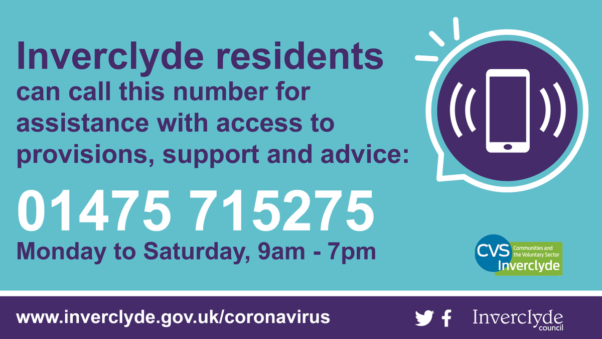 A helpline for Inverclyde residents in need during the #coronavirus outbreak has been launched today by the council and <a href="/CVSInverclyde/">CVS Inverclyde</a> > inverclyde.gov.uk/news/2020/apr/… #InverclydeCares