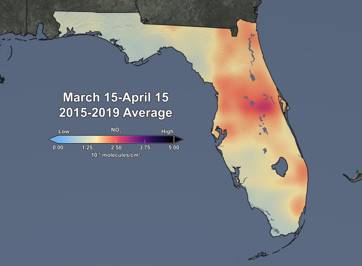 NASAEarth's tweet image. Satellite data show a decrease in nitrogen dioxide, an air pollutant, over Florida, related in part to decreased fossil fuel usage due to #COVID19 shutdowns. go.nasa.gov/2WbcYhs