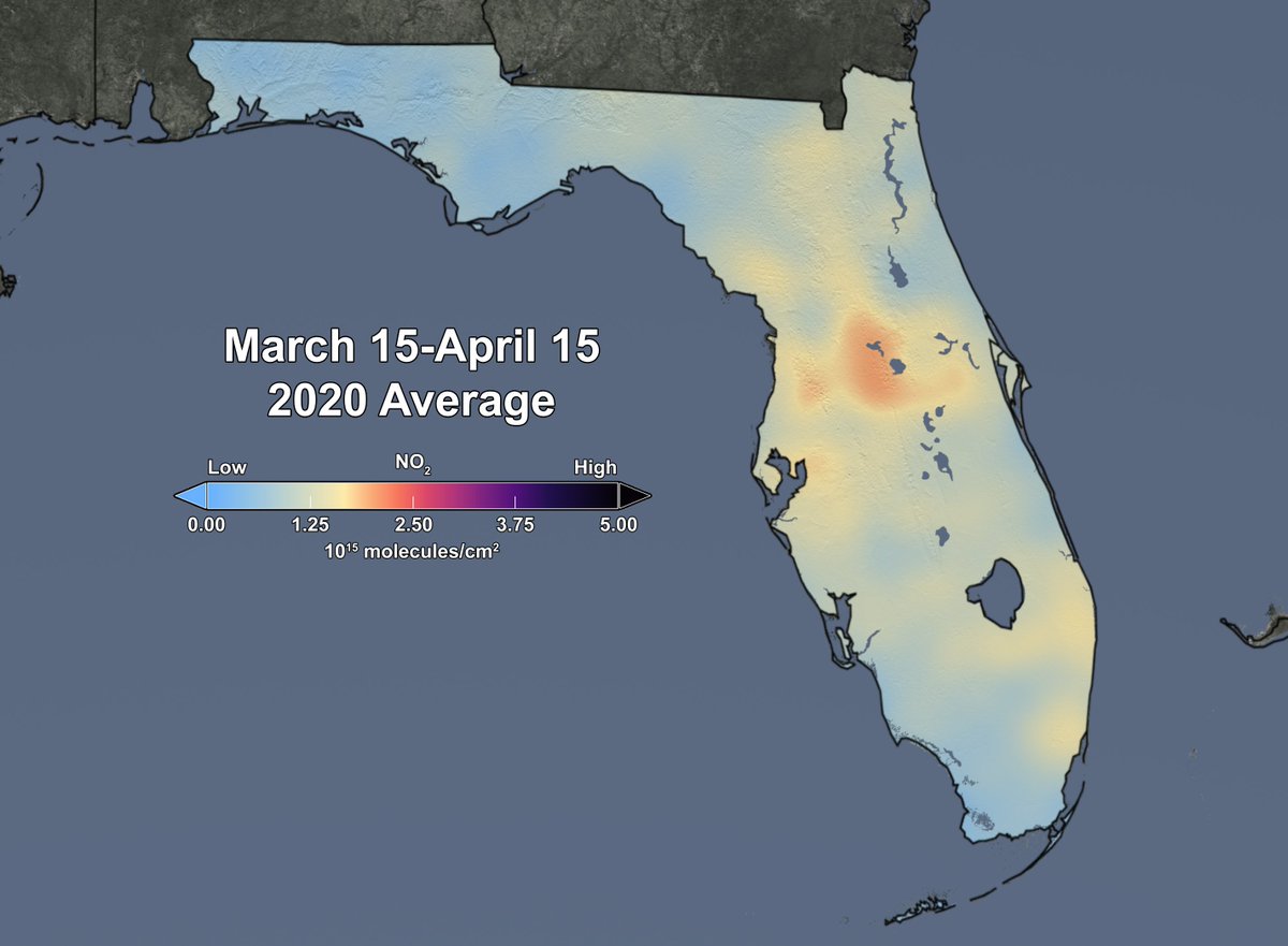NASAEarth's tweet image. Satellite data show a decrease in nitrogen dioxide, an air pollutant, over Florida, related in part to decreased fossil fuel usage due to #COVID19 shutdowns. go.nasa.gov/2WbcYhs